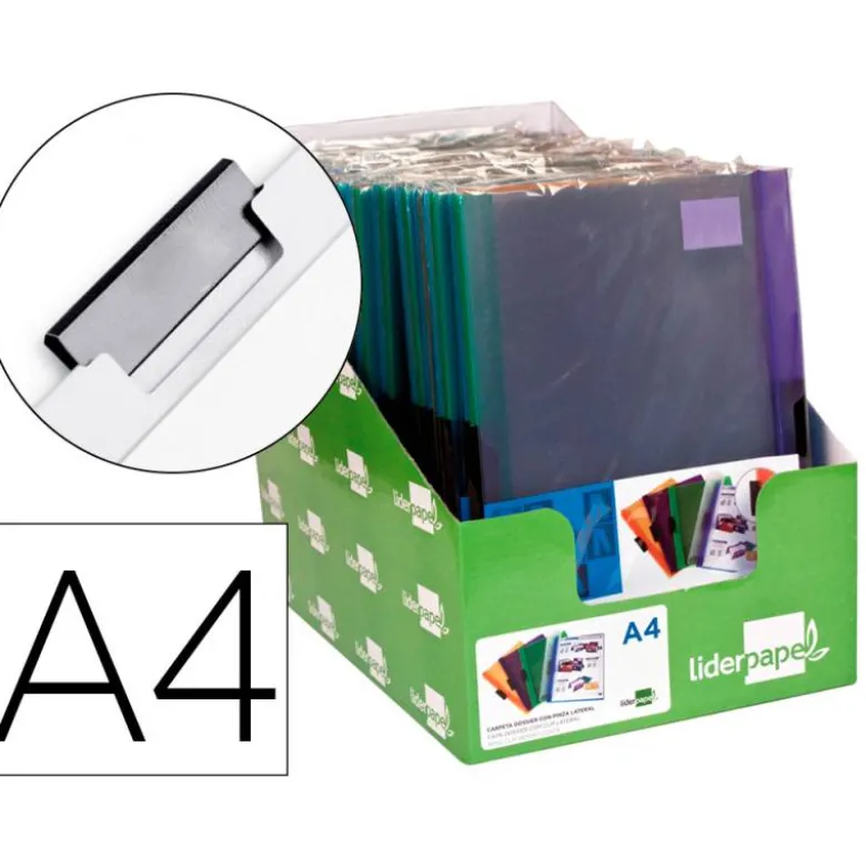 CARPETA LIDERPAPEL DOSSIER PINZA LATERAL POLIPROPILENO DIN A4 30 HOJAS PACK DE 4 COLORES SURTIDOS