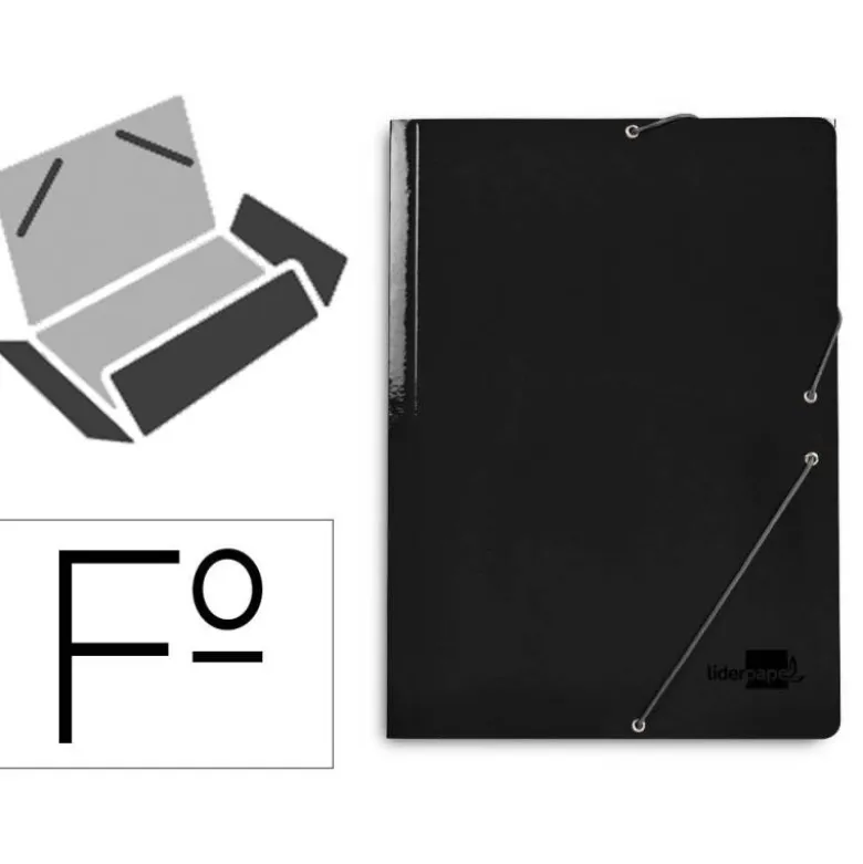 CARPETA LIDERPAPEL GOMAS FOLIO 3 SOLAPAS CARTON PLASTIFICADO COLOR NEGRO