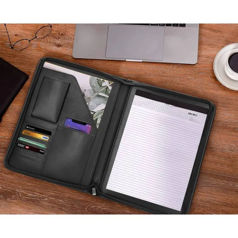 CARPETA PORTAFOLIOS CREMALLERA CON BOLSA PARA MOVIL Y TARJETERO COLOR NEGRO 260X355 MM