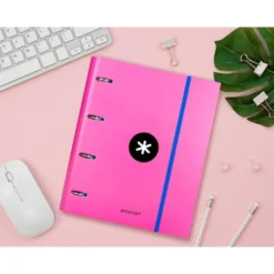 CARPETA CON RECAMBIO LIDERPAPEL ANTARTIK A4 CUADRO 5 MM FORRADA 4 ANILLAS 40MM REDONDAS COLOR ROSA