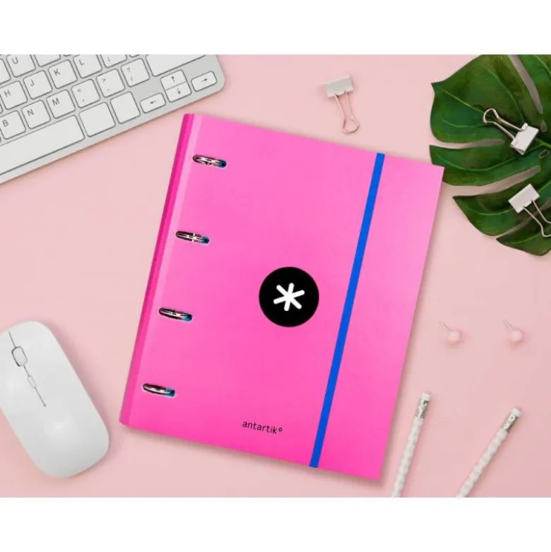 CARPETA CON RECAMBIO LIDERPAPEL ANTARTIK A4 CUADRO 5 MM FORRADA 4 ANILLAS 40MM REDONDAS COLOR ROSA