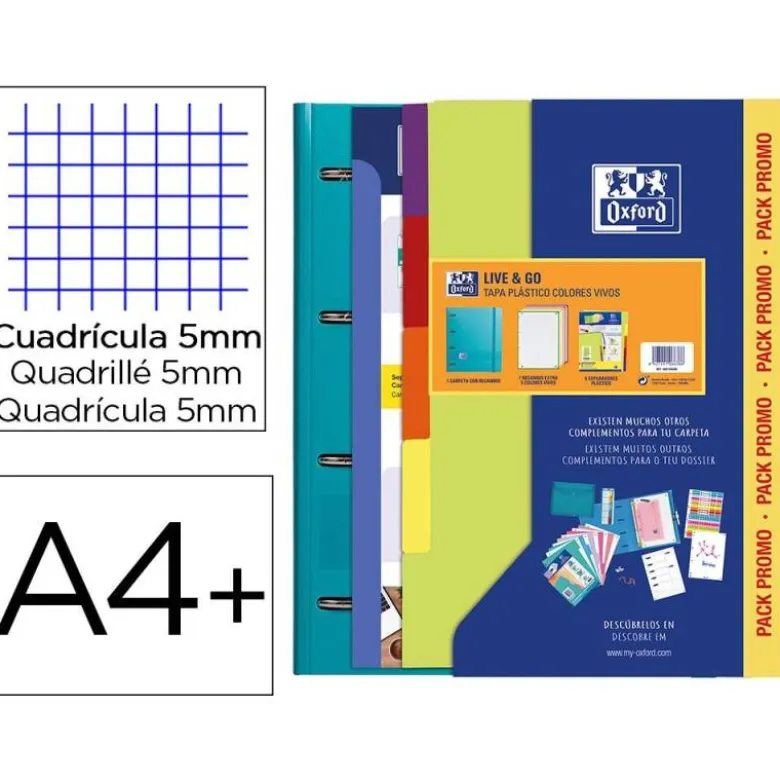 CARPETA CON RECAMBIO OXFORD EBINDER L&G VIVOS DIN A4+ 4 ANILLAS 35 MM RECAMBIO 80 H CUADRO 5 MM + JUEGO 5
