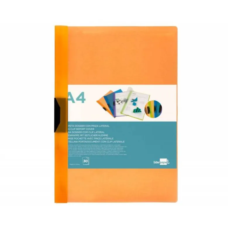 Carpeta dossier con pinza lateral Liderpapel 30 hojas Din A4 color naranja frosty