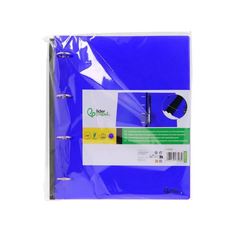 CARPETA LIDERPAPEL 4 ANILLAS REDONDAS 25 MM POLIPROPILENO DIN A4 ULTRA COMPACTA CON LOMO EXTENSIBLE 4 CM AZUL