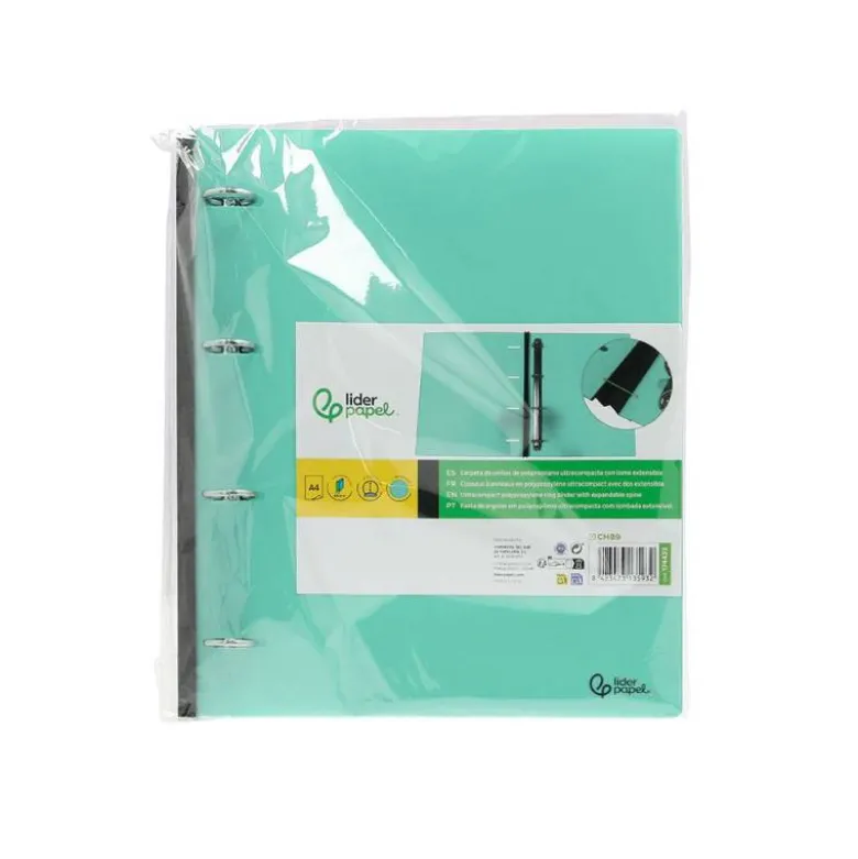 CARPETA LIDERPAPEL 4 ANILLAS REDONDAS 25 MM POLIPROPILENO DIN A4 ULTRA COMPACTA CON LOMO EXTENSIBLE 4 CM VERDE