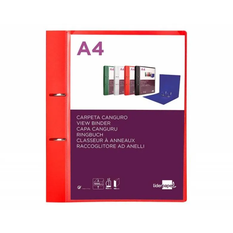 CARPETA LIDERPAPEL CANGURO 2 ANILLAS 40 MM MIXTAS POLIPROPILENO DIN A4 ROJO