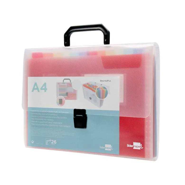 Carpeta liderpapel clasificador fuelle 45144 polipropileno Din A4 transparente con asa spectrafile 26 departamentos