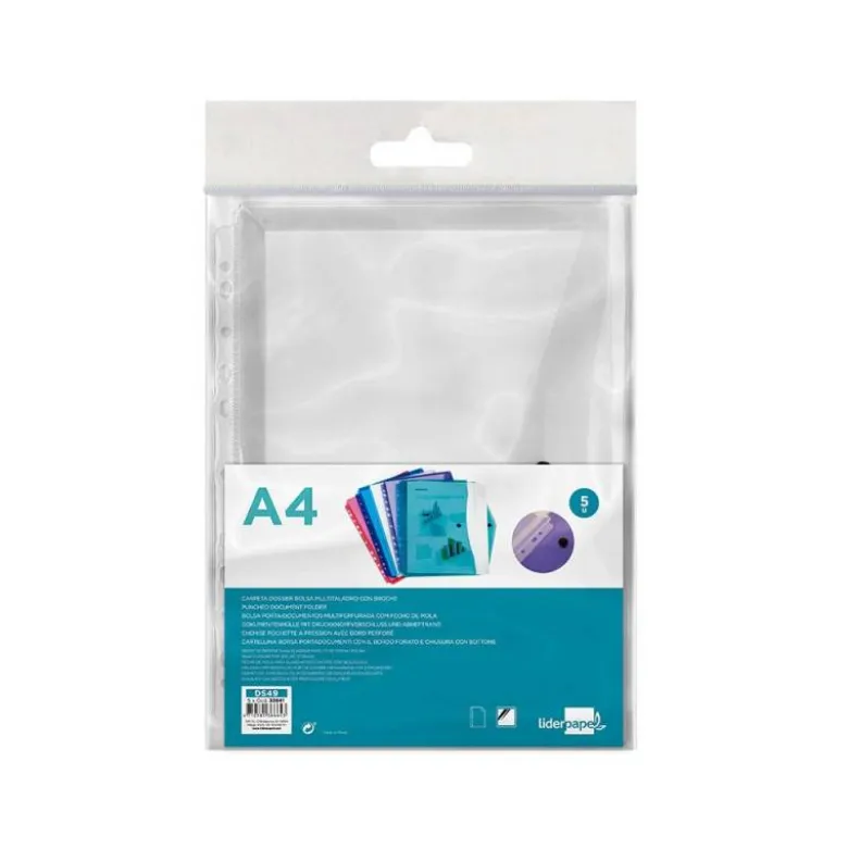 Carpeta liderpapel dossier broche 36664 polipropileno din a4 pack de 5 incolora transparente multitaladro