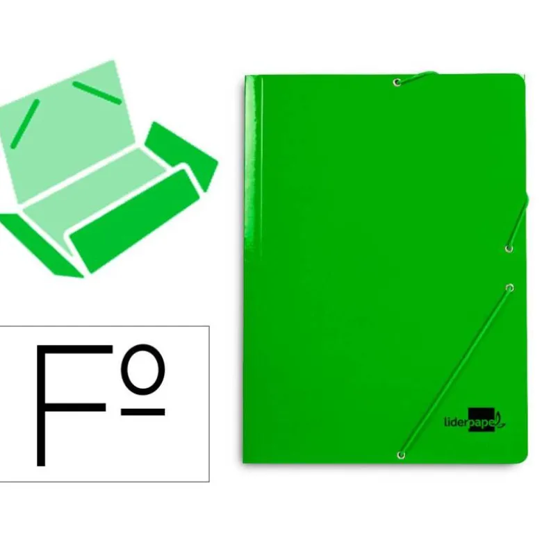 CARPETA LIDERPAPEL GOMAS FOLIO 3 SOLAPAS CARTON PLASTIFICADO COLOR VERDE