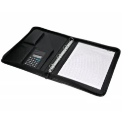 Carpeta portafolios q-connect cremallera 4 anillas 20 mm concalculadora con bolsa para movil color negro 260x355 mm