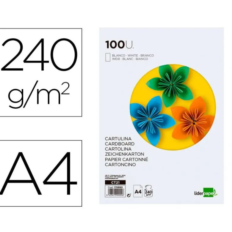 CARTULINA LIDERPAPEL A4 240G/M2 BLANCO PAQUETE DE 100 HOJAS