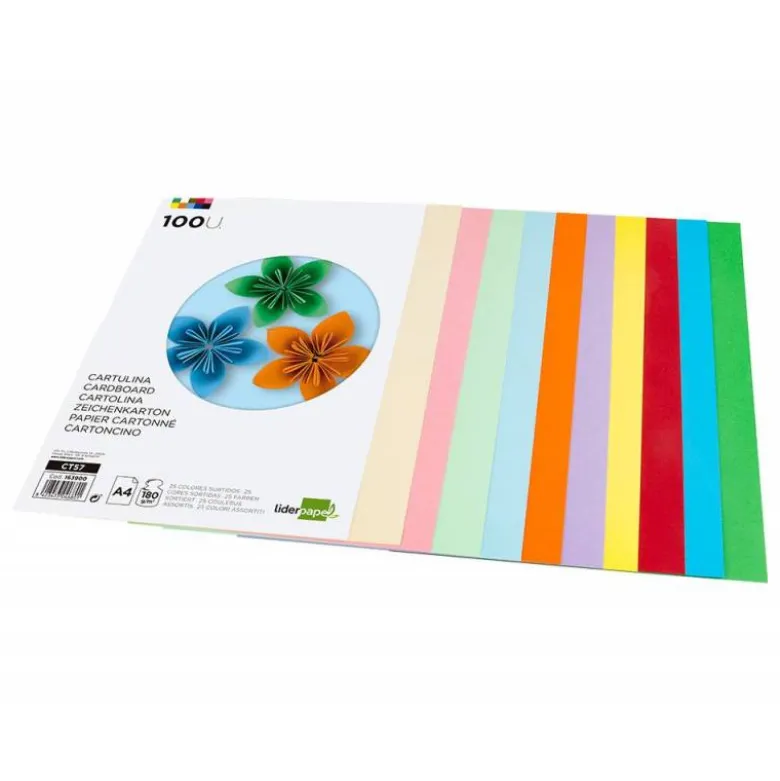 CARTULINA LIDERPAPEL A4 180G/M2 25 COLORES SURTIDOS PAQUETE DE 100 HOJAS