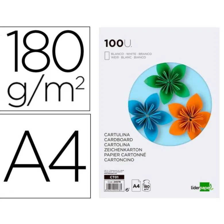 Cartulina Liderpapel color blanco a4 180 g/m2. Paquete con 100 unidades