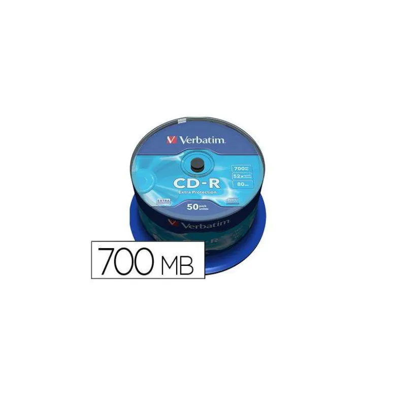 CD-R VERBATIM CAPACIDAD 700MB VELOCIDAD 52X 80 MIN TARRINA DE 50 UNIDADES