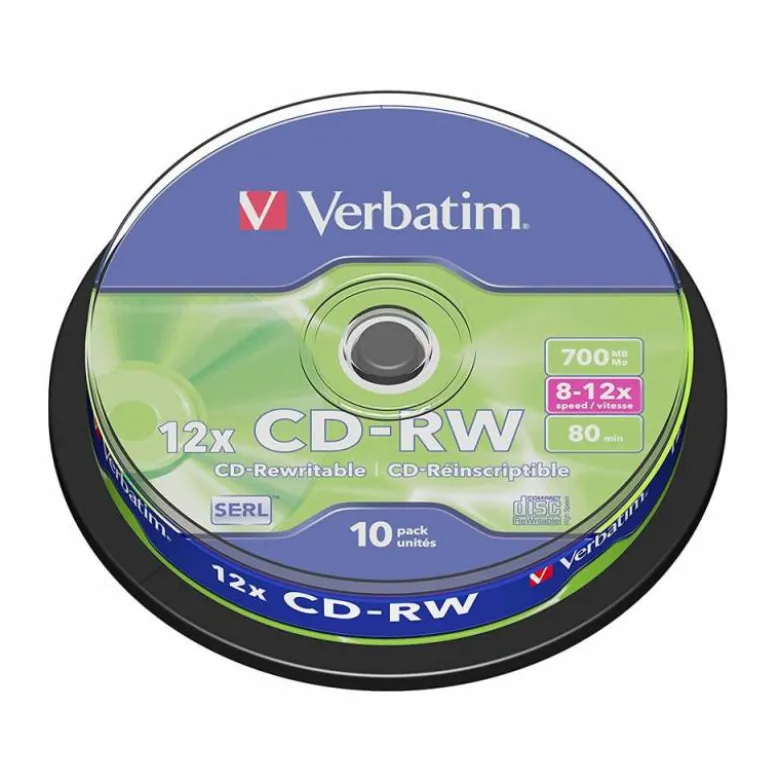 CD-RW VERBATIM SERL CAPACIDAD 700MB VELOCIDAD 12X 80 MIN TARRINA DE 10 UNIDADES