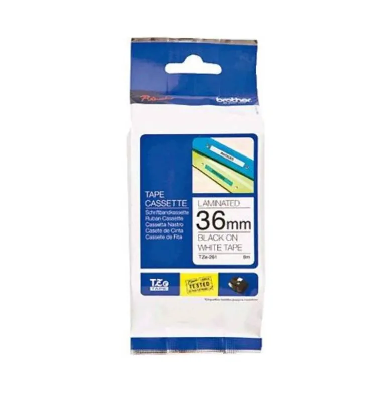 Cinta Brother TZ-261 36mm (ancho) x 8m (largo) laminada blanco/negro