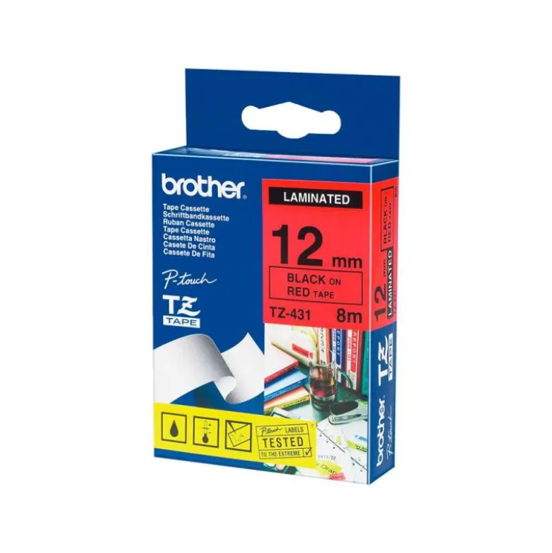 Cinta Brother TZ-431 12mm (ancho) x 8m (largo) laminada negro/rojo