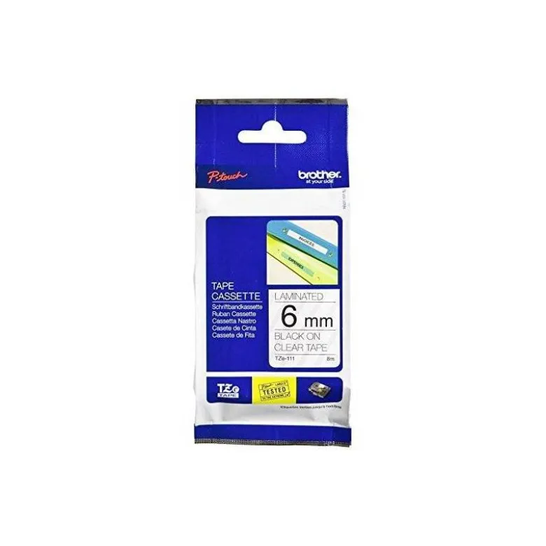 Cinta Brother TZE-111 6mm (ancho) x 8m (largo) laminada transparente/negro