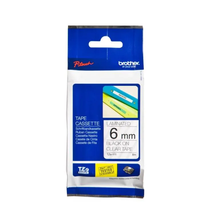 Cinta Brother TZE-111 6mm (ancho) x 8m (largo) laminada transparente/negro