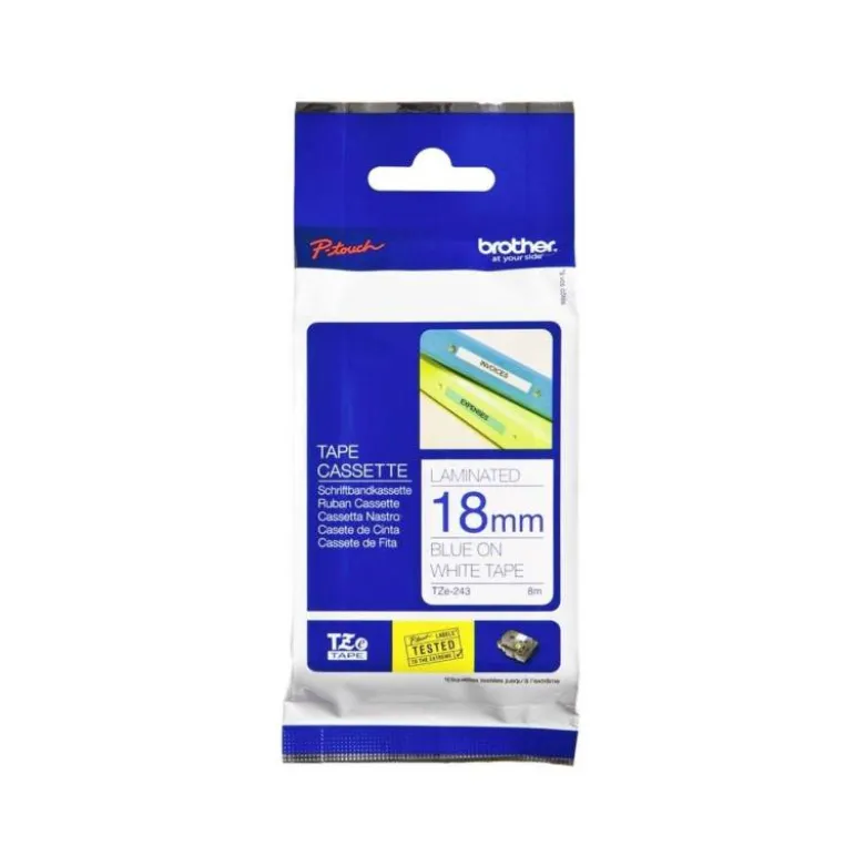 Cinta Brother TZE-243 18mm (ancho) x 8m (largo) laminada azul/blanco
