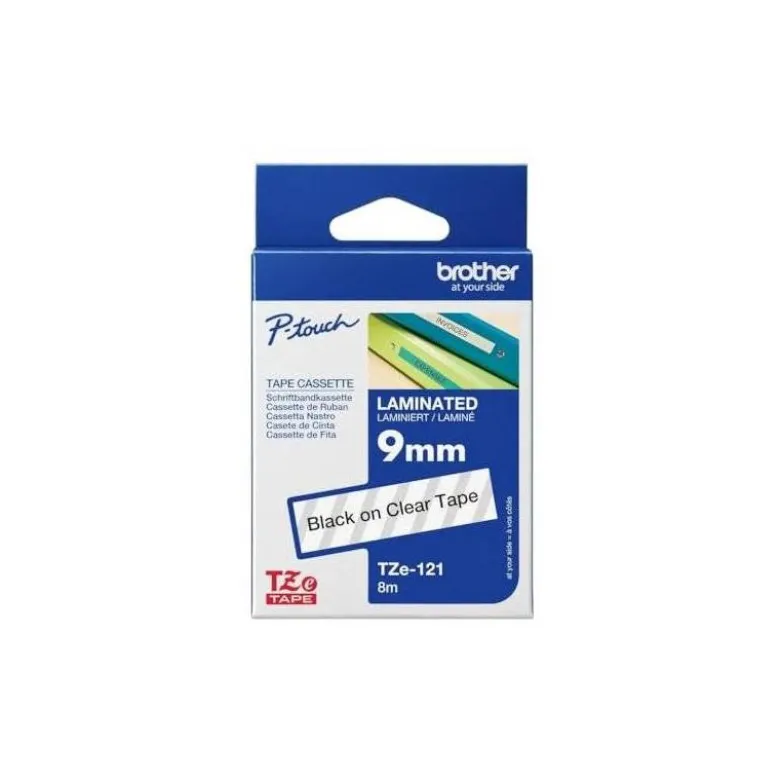 Cinta Brother TZE-121 9mm (ancho) x 8m (largo) laminada transparente/negro