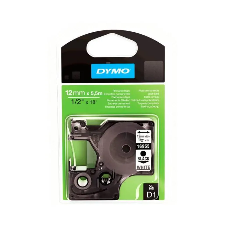 Cinta Dymo D1 negro y blanco 12mm x 5,5 mt polyester