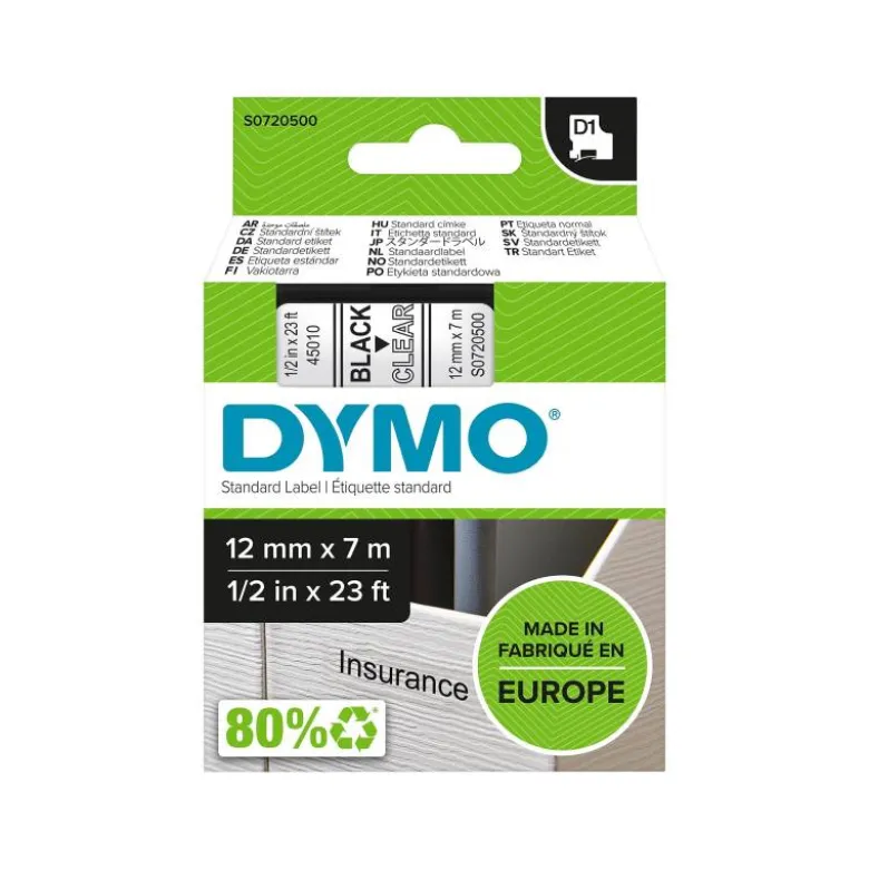 Cinta Dymo D1 negro y transparente 12mm x 7 mt