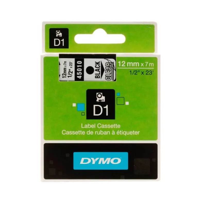 Cinta Dymo D1 negro y transparente 12mm x 7 mt