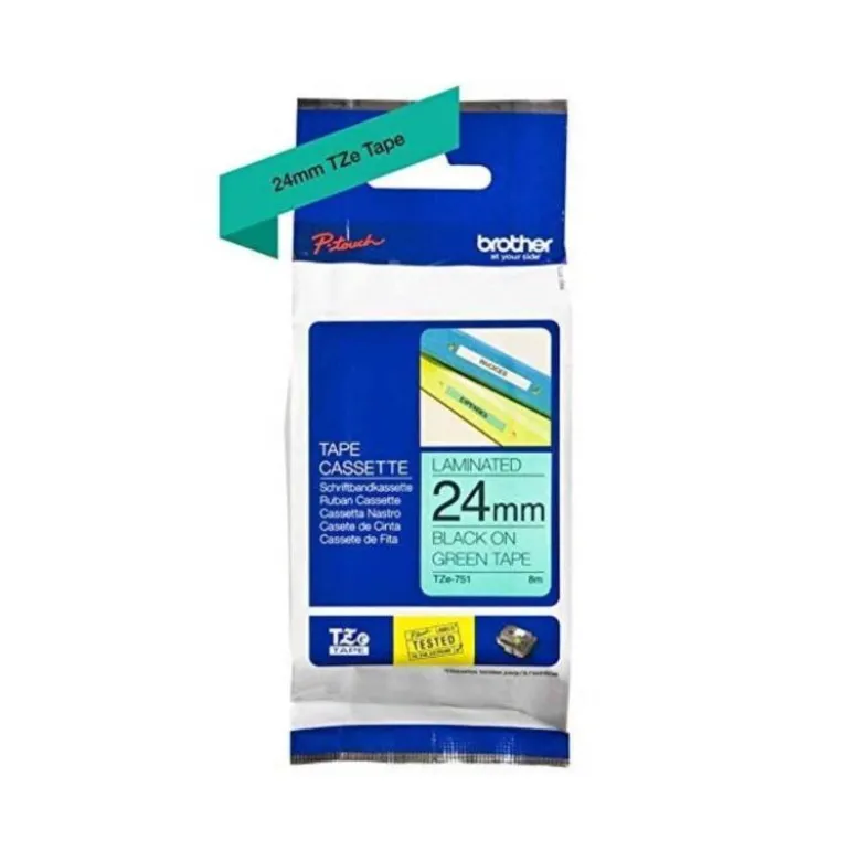 Cintas Brother TZE-751 24mm (ancho) x 8m (largo) laminada verde/Negro