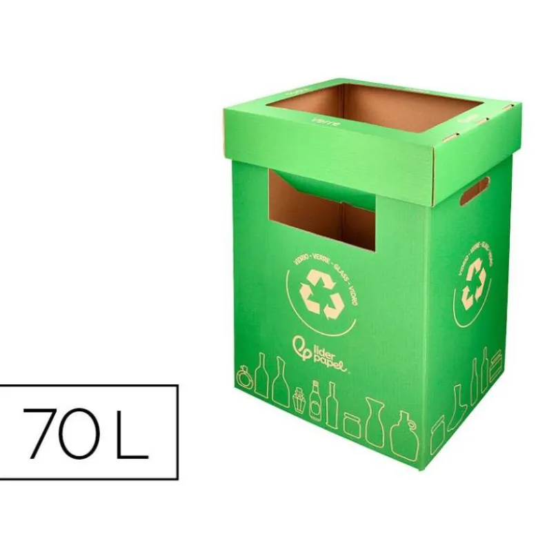CONTENEDOR PAPELERA RECICLAJE LIDERPAPEL CARTON RECICLADO PARA VIDRIO 450X350X350 MM 70 LITROS VERDE