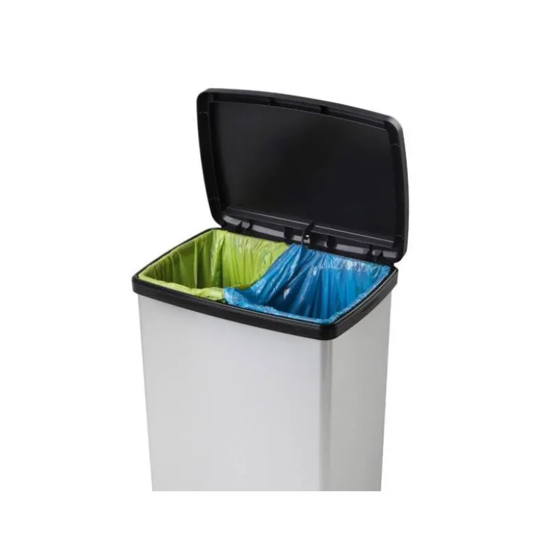 CONTENEDOR PLASTICO CEP ELITE CON TAPA Y PEDAL DOS COMPARTIMENTOS 50 L COLOR PLATA 390X288X654 MM