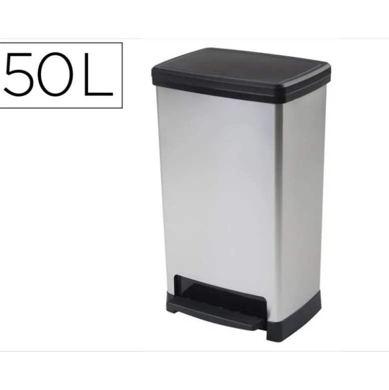 CONTENEDOR PLASTICO CEP ELITE CON TAPA Y PEDAL DOS COMPARTIMENTOS 50 L COLOR PLATA 390X288X654 MM