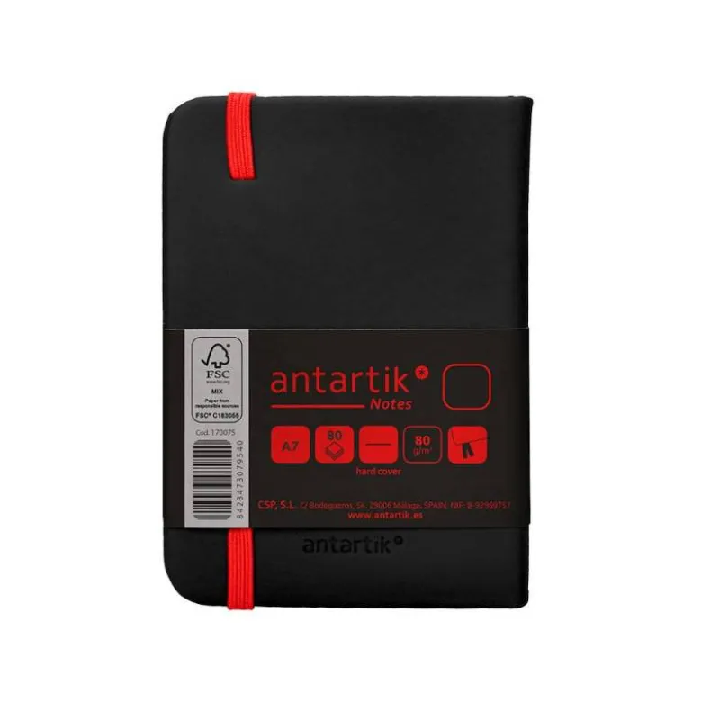 CUADERNO CON GOMILLA ANTARTIK NOTES TAPA DURA A7 HOJAS LISAS NEGRO Y ROJO 80 HOJAS 80 GR FSC