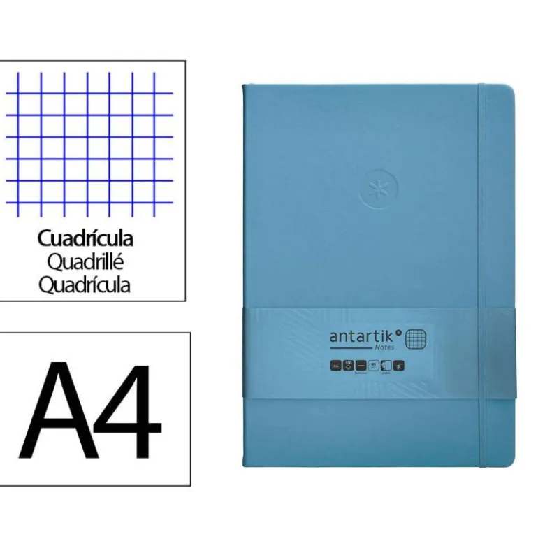 CUADERNO CON GOMILLA ANTARTIK NOTES TAPA DURA A4 HOJAS CUADRICULA AZUL CLARO 100 HOJAS 80 GR FSC