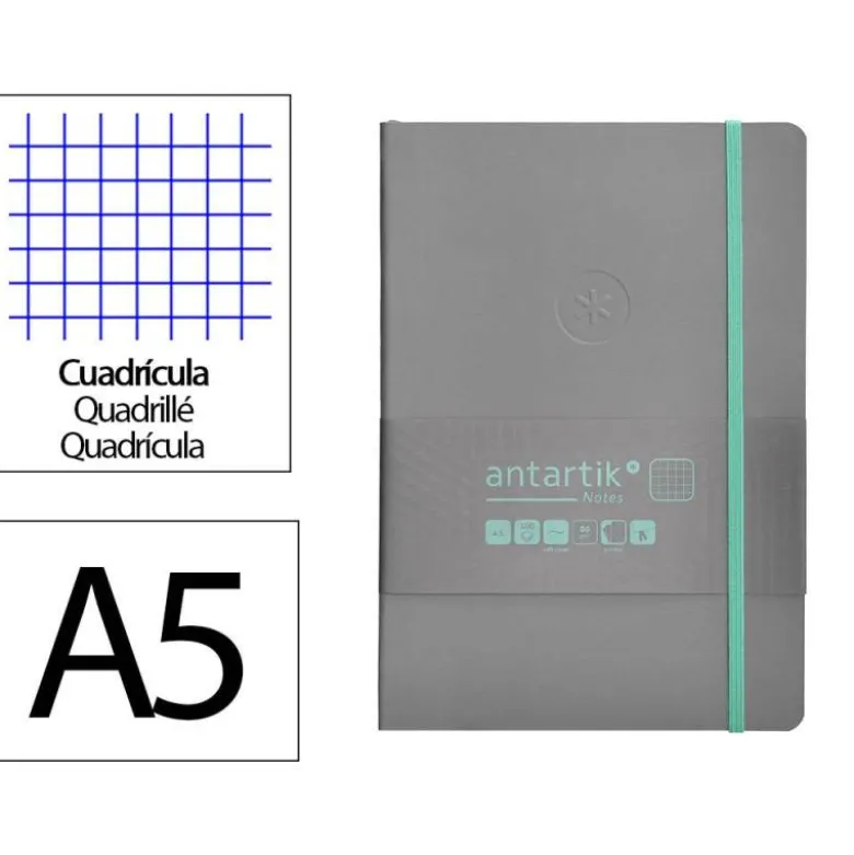 CUADERNO CON GOMILLA ANTARTIK NOTES TAPA BLANDA A5 HOJAS CUADRICULA GRIS Y TURQUESA 80 HOJAS 80 GR FSC