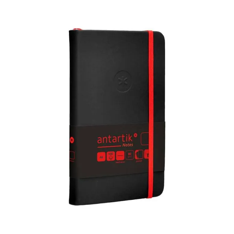 CUADERNO CON GOMILLA ANTARTIK NOTES TAPA DURA A6 HOJAS LISAS NEGRO Y ROJO 100 HOJAS 80 GR FSC