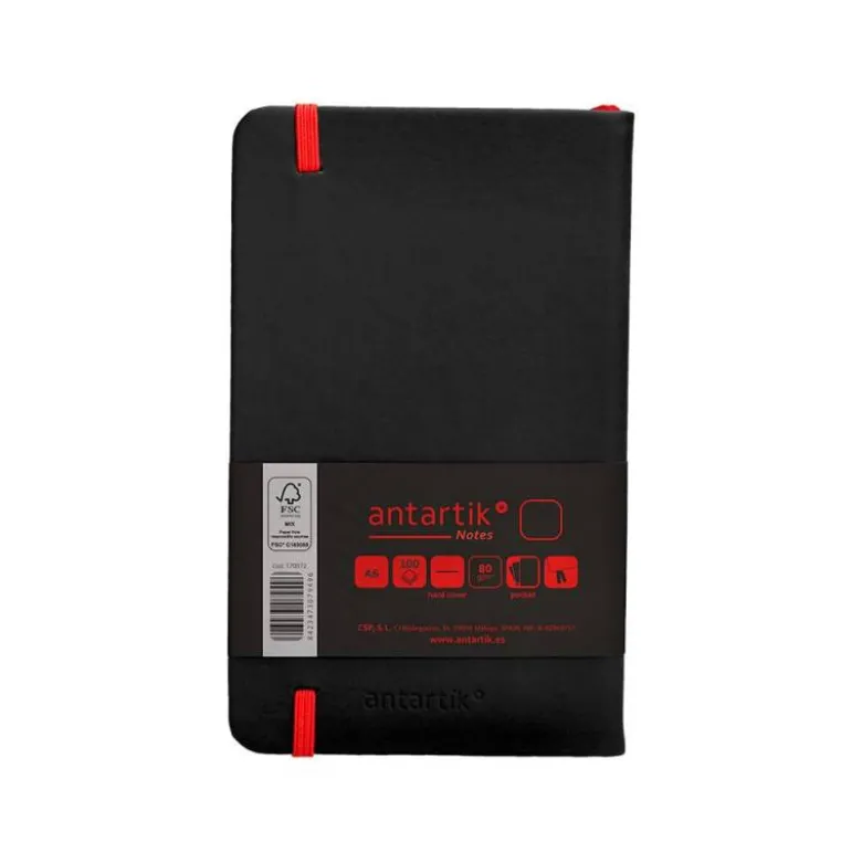CUADERNO CON GOMILLA ANTARTIK NOTES TAPA DURA A6 HOJAS LISAS NEGRO Y ROJO 100 HOJAS 80 GR FSC