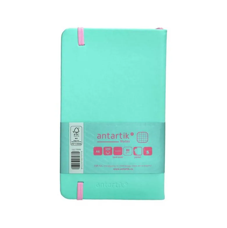 CUADERNO CON GOMILLA ANTARTIK NOTES TAPA DURA A6 HOJAS CUADRICULA ROSA Y TURQUESA 100 HOJAS 80 GR FSC