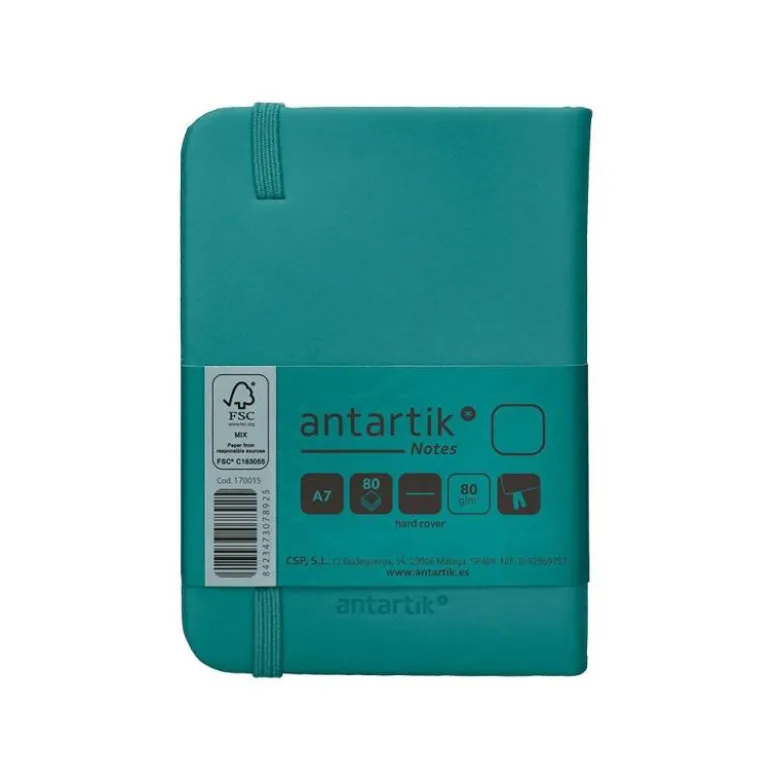 CUADERNO CON GOMILLA ANTARTIK NOTES TAPA DURA A7 HOJAS LISAS VERDE AGUAMARINA 80 HOJAS 80 GR FSC