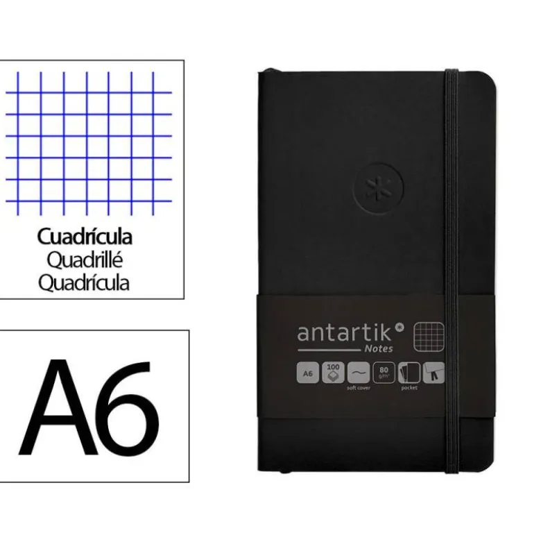 CUADERNO CON GOMILLA ANTARTIK NOTES TAPA BLANDA A6 CUADRICULA NEGRO 100 HOJAS 80 GR FSC
