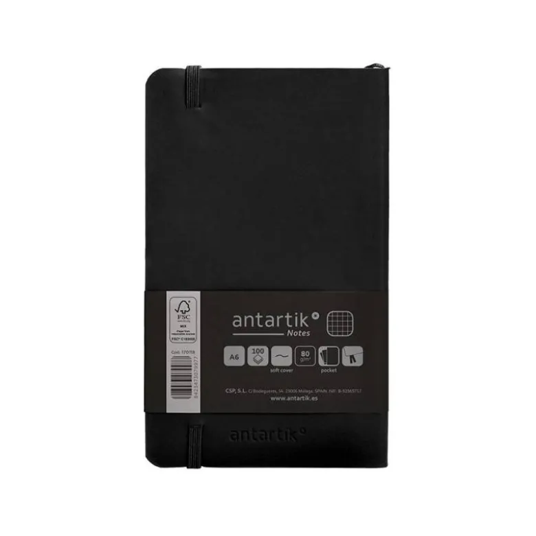 CUADERNO CON GOMILLA ANTARTIK NOTES TAPA BLANDA A6 CUADRICULA NEGRO 100 HOJAS 80 GR FSC