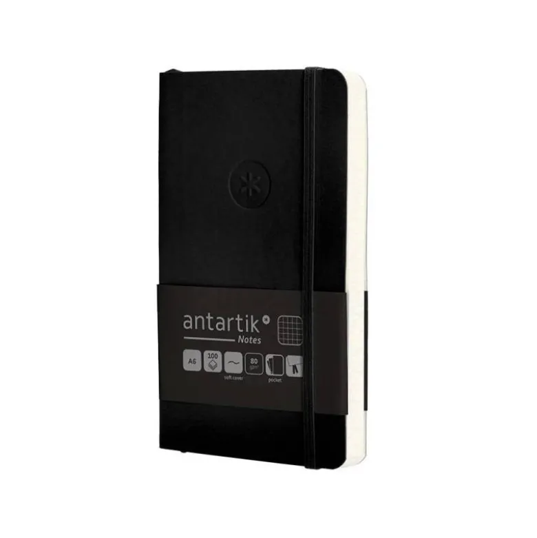 CUADERNO CON GOMILLA ANTARTIK NOTES TAPA BLANDA A6 CUADRICULA NEGRO 100 HOJAS 80 GR FSC