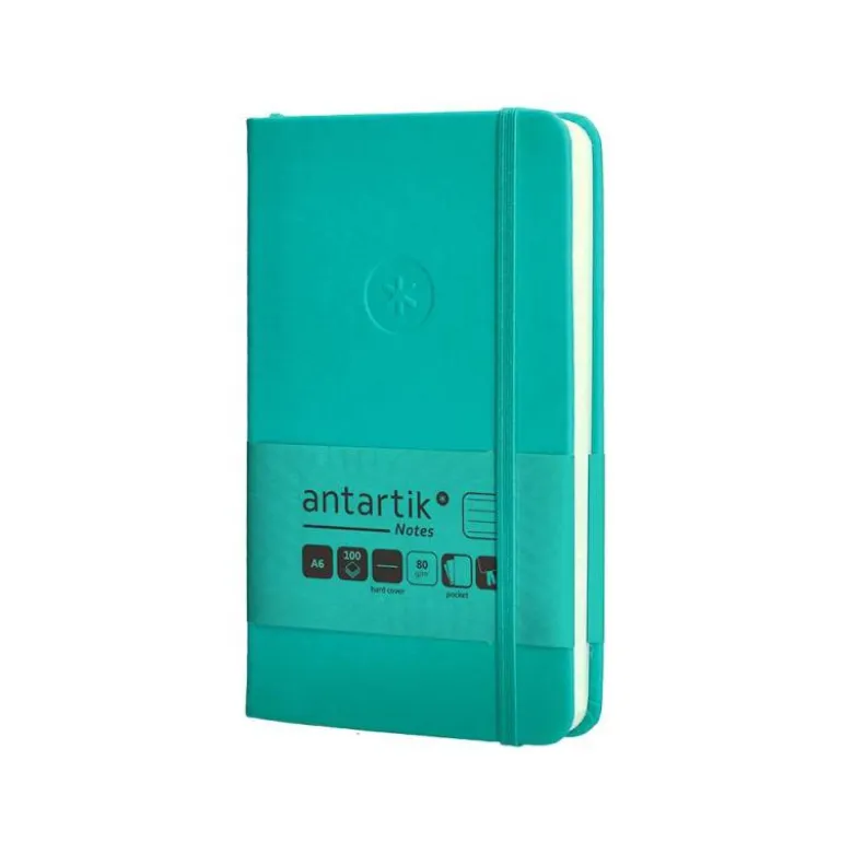 CUADERNO CON GOMILLA ANTARTIK NOTES TAPA DURA A6 HOJAS RAYAS TURQUESA 100 HOJAS 80 GR FSC