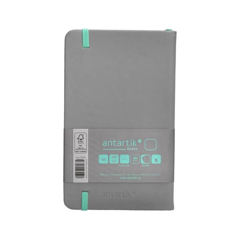 CUADERNO CON GOMILLA ANTARTIK NOTES TAPA DURA A6 HOJAS LISAS GRIS Y TURQUESA 100 HOJAS 80 GR FSC
