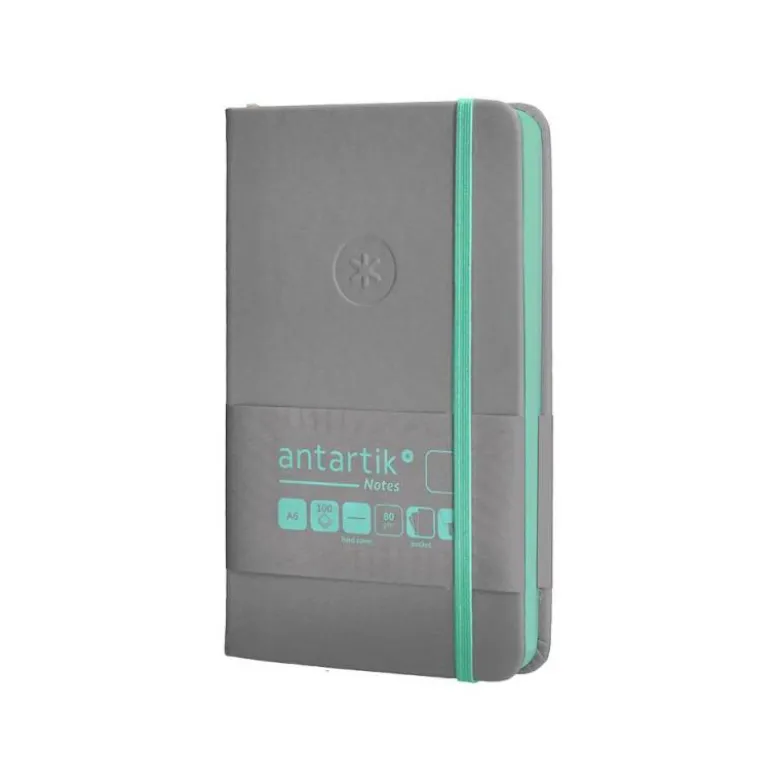 CUADERNO CON GOMILLA ANTARTIK NOTES TAPA DURA A6 HOJAS LISAS GRIS Y TURQUESA 100 HOJAS 80 GR FSC