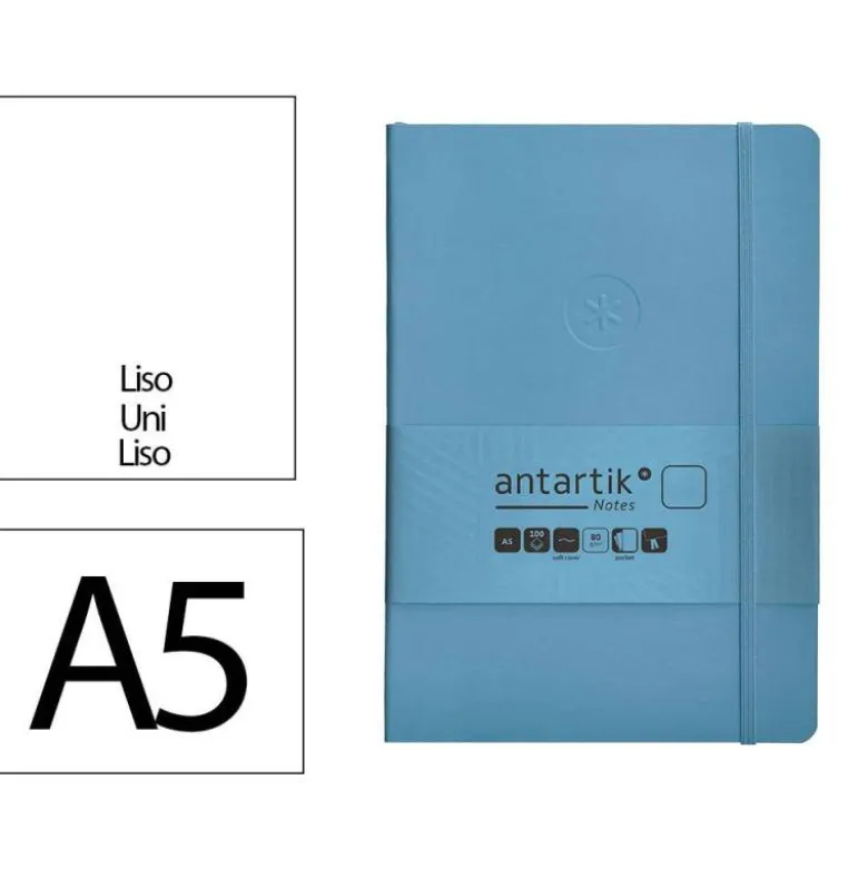 CUADERNO CON GOMILLA ANTARTIK NOTES TAPA BLANDA A5 HOJAS LISAS AZUL CLARO 80 HOJAS 80 GR FSC