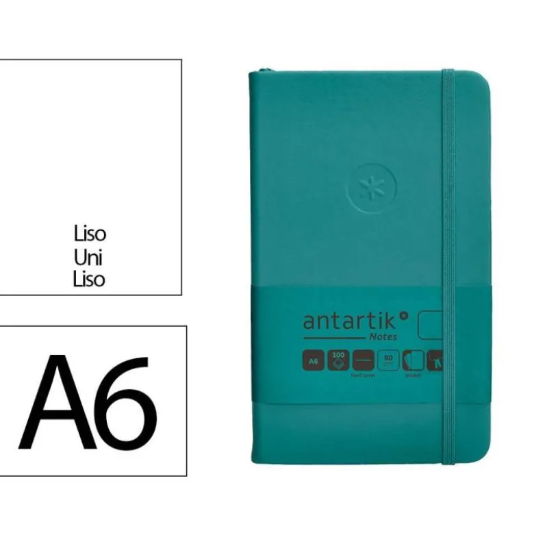 CUADERNO CON GOMILLA ANTARTIK NOTES TAPA DURA A6 HOJAS LISAS VERDE AGUAMARINA 100 HOJAS 80 GR FSC