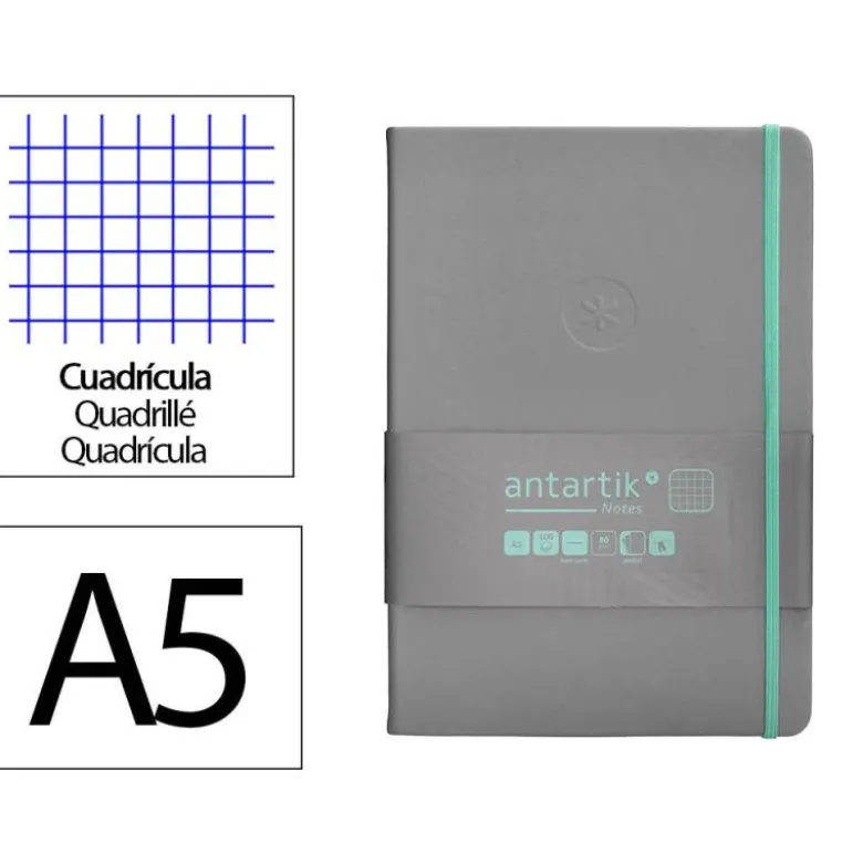 CUADERNO CON GOMILLA ANTARTIK NOTES TAPA DURA A5 HOJAS CUADRICULA GRIS Y TURQUESA 100 HOJAS 80 GR FSC