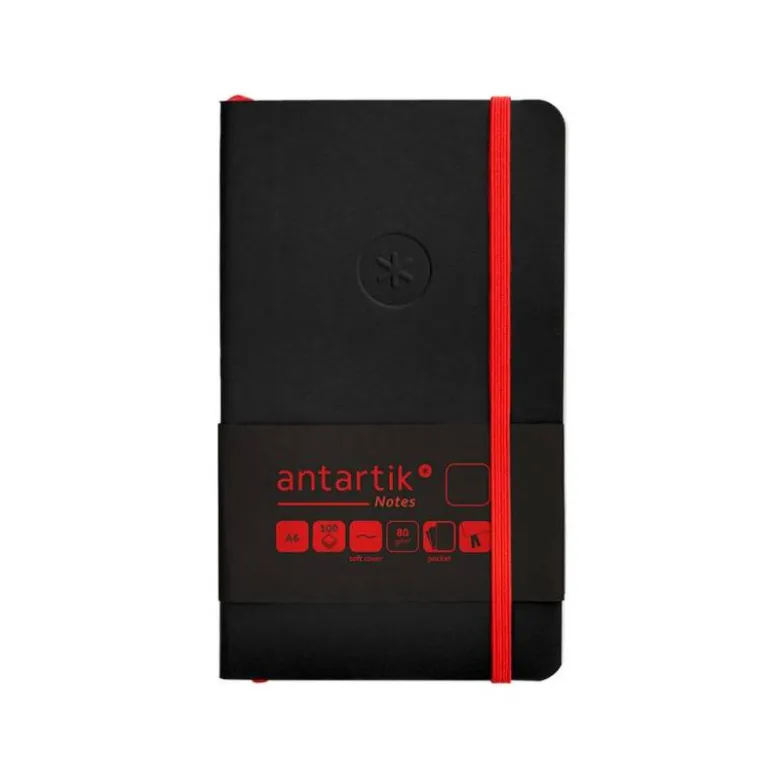 CUADERNO CON GOMILLA ANTARTIK NOTES TAPA BLANDA A6 HOJAS LISAS NEGRO Y ROJO 100 HOJAS 80 GR FSC