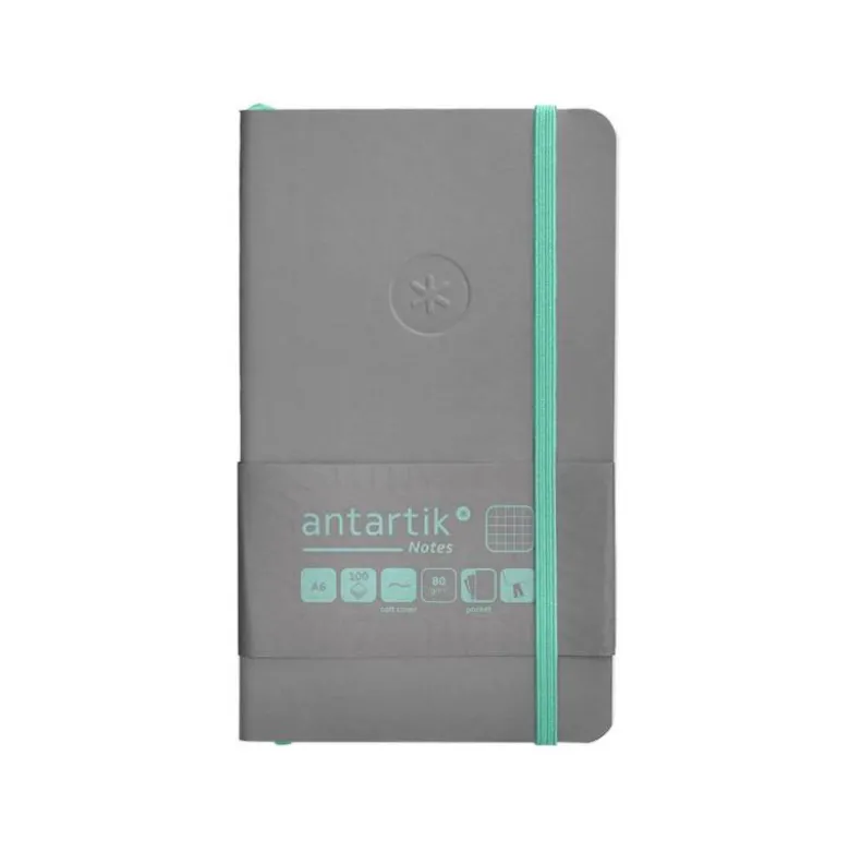 CUADERNO CON GOMILLA ANTARTIK NOTES TAPA BLANDA A6 CUADRICULA GRIS Y TURQUESA 100 HOJAS 80 GR FSC